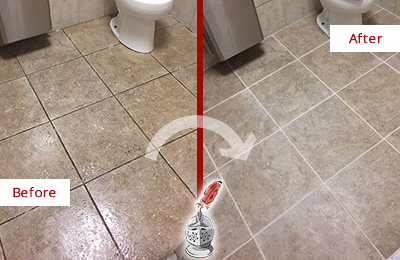 Sir Grout Cleans this Oxford Restroom Tile and Grout to Remove Soil Before and After Picture of a Oxford Restroom Tile and Grout Cleaned to Remove Soil