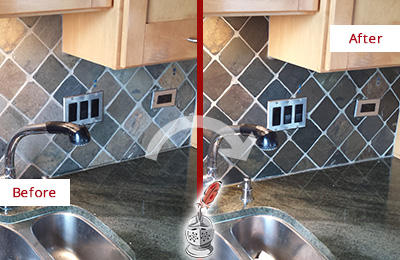 Sir Grout Caulks this Branford Backsplash Caulked to Fix and Prevent Water Leaks Before and After Picture of a Branford Backsplash Caulked to Fix and Prevent Water Leaks
