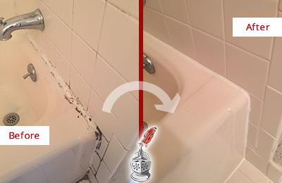 Before and After Picture of a Berlin Bathroom Sink Caulked to Fix a DIY Proyect Gone Wrong