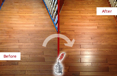 Sir Grout Refinished This Dull Portland Hallway Floor with a Sandless Refinishing Service Before and After Picture of a Portland Wood Sandless Refinishing Service on a Dull Hallway