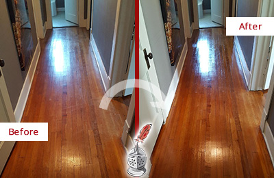 Sir Grout Refinished This Portland Wood Floor with a Sandless Refinishing Service to Eliminate Scratches Before and After Picture of a Portland Wood Sandless Refinishing Service on a Floor to Eliminate Scratches