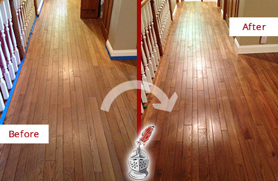 Sir Grout Refinished This Worn Out Portland Wood Floor with a Sandless Refinishing Service Before and After Picture of a Portland Wood Sandless Refinishing Service on a Worn Out Floor