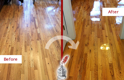 Sir Grout Refinished This Worn Out Portland Hallway Floor with a Sandless Refinishing Service Before and After Picture of a Portland Wood Sandless Refinishing Service on a Worn Out Hallway