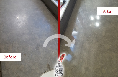 Before and After Picture of a Dull Oxford Limestone Countertop Polished to Recover Its Color