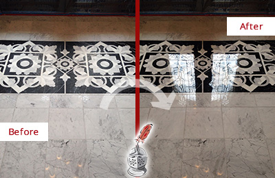 Before and After Picture of a East Berlin Marble Stone Floor Polished to a Mirror Shine