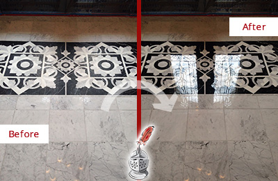 Sir Grout Polishes this Farmington Marble Stone Floor to a Mirror Shine Before and After Picture of a Farmington Marble Stone Floor Polished to a Mirror Shine