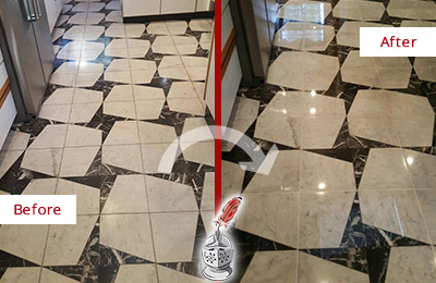 Sir Grout Polishes this Dull Farmington Marble Stone Floor To Recover Its Luster Before and After Picture of a Dull Farmington Marble Stone Floor Polished To Recover Its Luster