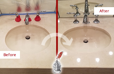 Sir Grout Polishes this Dull Farmington Marble Stone Vanity Top to Bring-Back Its Sheen Before and After Picture of a Dull Farmington Marble Stone Vanity Top Polished to Bring-Back Its Sheen