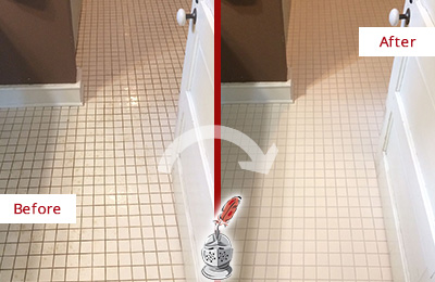 Before and After Picture of a Plantsville Bathroom Floor Sealed to Protect Against Liquids and Foot Traffic