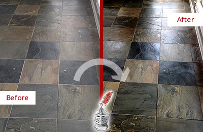 Sir Grout Seals this Dull Naugatuck Slate Floor to Bring Back Its Colors Before and After Picture of a Dull Naugatuck Slate Floor Sealed to Bring Back Its Colors