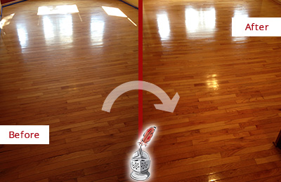 Before and After Picture of a Hartland Wood Deep Cleaning Service on a Room Floor to Remove Scratches