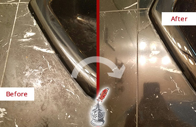 Before and After Picture of a Portland Marble Countertop Cleaned to Remove Deep Dirt