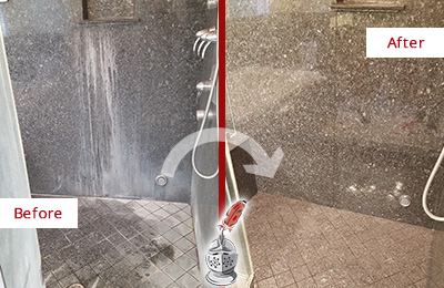 Sir Grout Cleans this East Haven Granite Shower to Remove Mineral Deposits Before and After Picture of a East Haven Granite Shower Cleaned to Remove Mineral Deposits