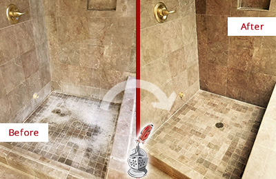 Sir Grout Cleans this East Haven Travertine Shower to Eliminate Water Spots Before and After Picture of a East Haven Travertine Shower Cleaned to Eliminate Water Spots