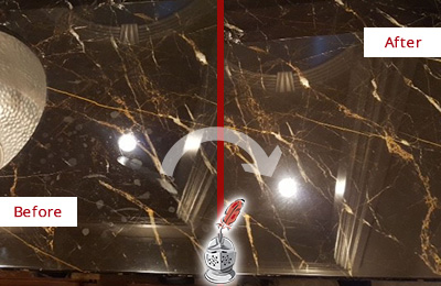 Sir Grout Cleans this East Haven Marble Countertop to Remove Water Spots Before and After Picture of a East Haven Marble Countertop Cleaned to Remove Water Spots