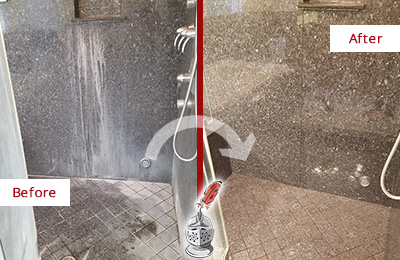 Before and After Picture of a East Berlin Granite Shower Stone Sealed to Avoid Mineral Deposits