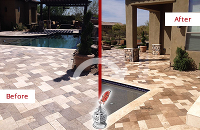 Sir Grout Seals the Stone of this Berlin Travertine Patio Stone for Extra Protection Before and After Picture of a Berlin Travertine Patio Sealed Stone for Extra Protection