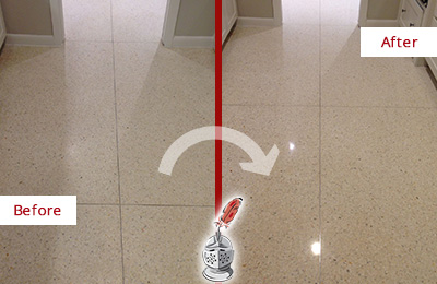 Sir Grout Hones this Dull Middlefield Granite Floor to Recover Its Sheen Before and After Picture of a Dull Middlefield Granite Floor Honed to Recover Its Sheen