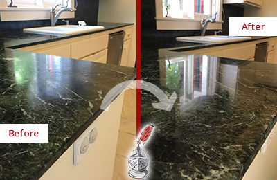 Sir Grout Hones this Middlefield Marble Kitchen Countertop to Remove Water Marks Before and After Picture of a Middlefield Marble Kitchen Countertop Honed to Remove Water Marks