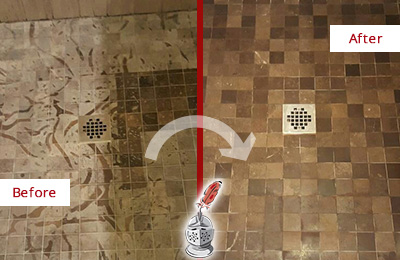 Sir Grout Hones this Middlefield Marble Shower to Remove Etching Before and After Picture of a Middlefield Marble Shower Honed to Remove Etching