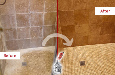 Before and After Picture of a Watertown Travertine Shower Honed to Remove Mineral Deposits