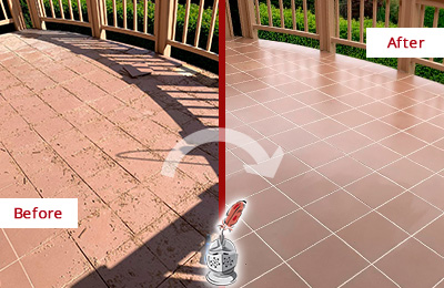 Before and After Picture of a Windsor Hard Surface Restoration Service on a Tiled Deck