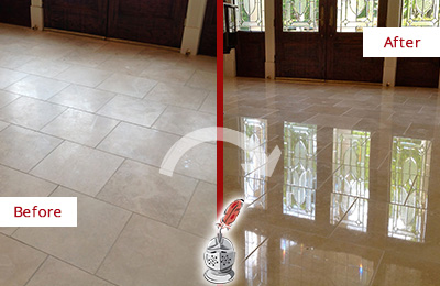 Sir Grout Restored This Oxford Dull Travertine Floor to Recover Its Splendor with a Stone Polishing Service Before and After Picture of a Oxford Hard Surface Restoration Service on a Dull Travertine Floor Polished to Recover Its Splendor