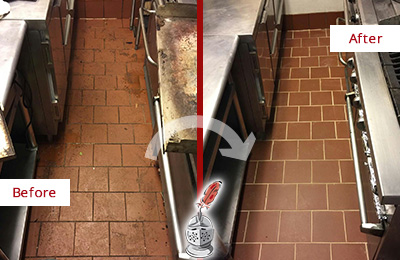 Before and After Picture of a Meriden Hard Surface Restoration Service on a Restaurant Kitchen Floor to Eliminate Soil and Grease Build-Up
