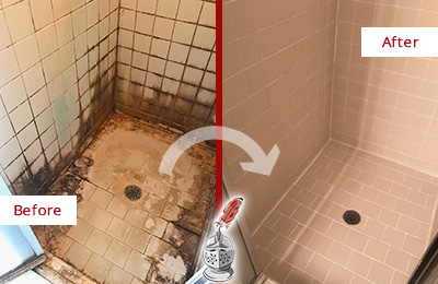 Sir Grout Restored This Oxford Tile Bathroom to Repair Water Damage Before and After Picture of a Oxford Hard Surface Restoration Service on a Tile Bathroom to Repair Water Damage