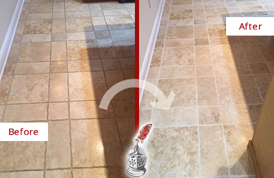Sir Grout Cleans this West Haven Kitchen Floor's Grout to Recover Its Color Before and After Picture of West Haven Kitchen Floor Grout Cleaned to Recover Its Color