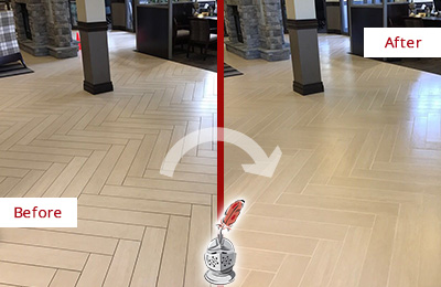 Sir Grout Cleans the Grout on this West Haven Lobby Floor Before and After Picture of a West Haven Lobby Floor Cleaned to Even the Grout Color