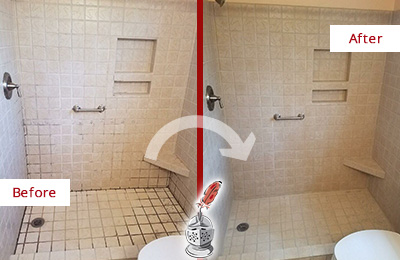 Before and After Picture of a Watertown Shower Grout Cleaned to Remove Mold