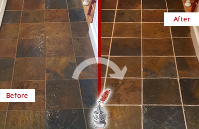 Sir Grout Cleans the Grout on this West Haven Slate Floor Before and After Picture of West Haven Slate Floor Grout Cleaned to Remove Dirt