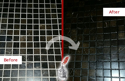 Before and After Picture of a East Berlin Black Floor with Recolored Grout