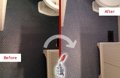 Sir Grout Recolors the Grout on this East Windsor Blue Tile Floor Before and After Picture of a East Windsor Blue Tile Floor Recolored Grout