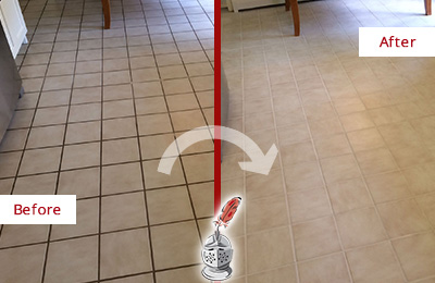 Sir Grout Recolors this East Windsor Kitchen Tile Floor's Grout Before and After Picture of a East Windsor Kitchen Tile Floor with Recolored Grout