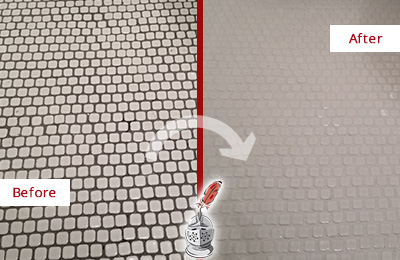 Sir Grout Recolors the Grout of this East Windsor White Mosaic Tile Before and After Picture of a East Windsor White Mosaic Tile Recolored Grout