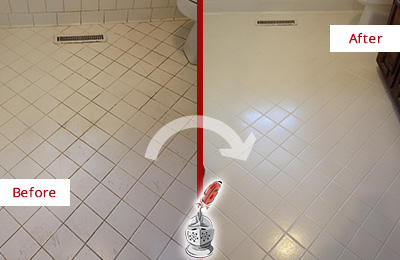 Before and After Picture of a Orange White Bathroom Floor Grout Sealed for Extra Protection