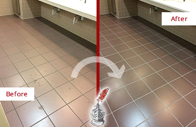 Sir Grout Seals the Grout on this Glastonbury Office Restroom to Refresh Its Look Before and After Picture of Dirty Glastonbury Office Restroom with Sealed Grout
