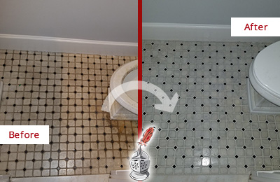 Before and After Picture of a Orange Bathroom Floor Cleaned to Remove Embedded Dirt