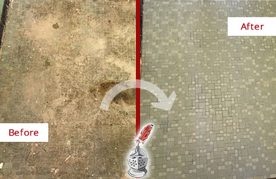 Sir Grout Cleans this North Branford Mosaic Shower Cleaned to Eliminate Embedded Dirt Before and After Picture of a North Branford Mosaic Shower Cleaned to Eliminate Embedded Dirt