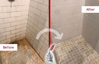Before and After Picture of a Orange Ceramic Shower Cleaned to Eliminate Rust Stains